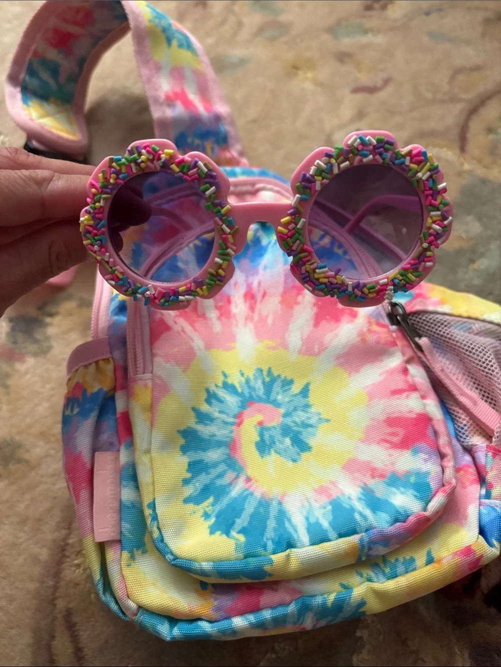 Kids Tie Dye crossbody bag + cheeky plum sprinkle sunglasses